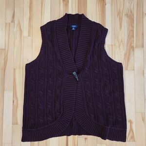 Chaps Women's Dark Purple Cable Knit Cardigan Vest 2x Career